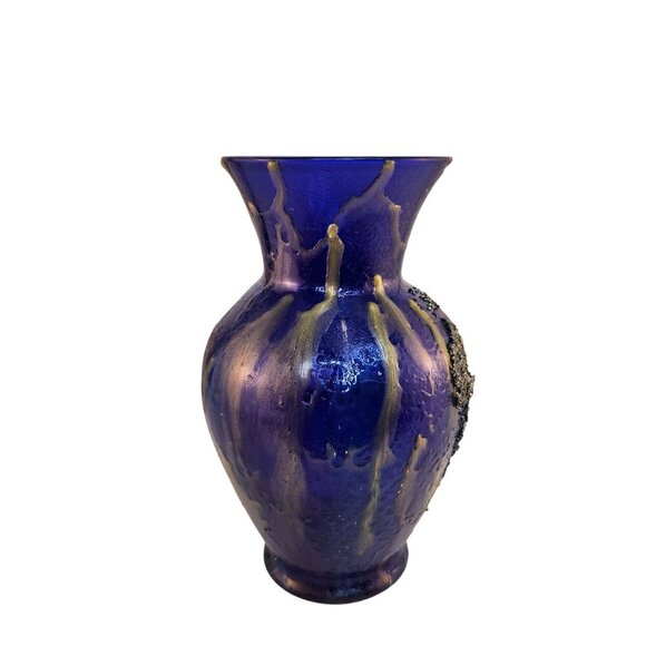 Handcrafted Cobalt Blue Gathering Vase With Gold Drip Design & Textured Finish - Picture 6 of 9